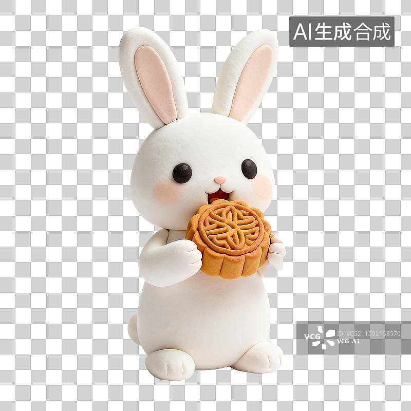 【AI数字艺术】中秋节，3D渲染兔子手捧月饼，吃月饼免抠元素图片素材
