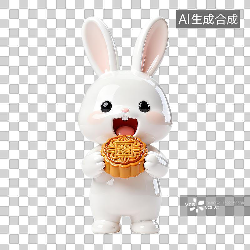 【AI数字艺术】中秋节，3D渲染兔子手捧月饼，吃月饼免抠元素图片素材
