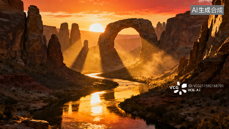 【AI数字艺术】金色峡谷的黄昏图片素材