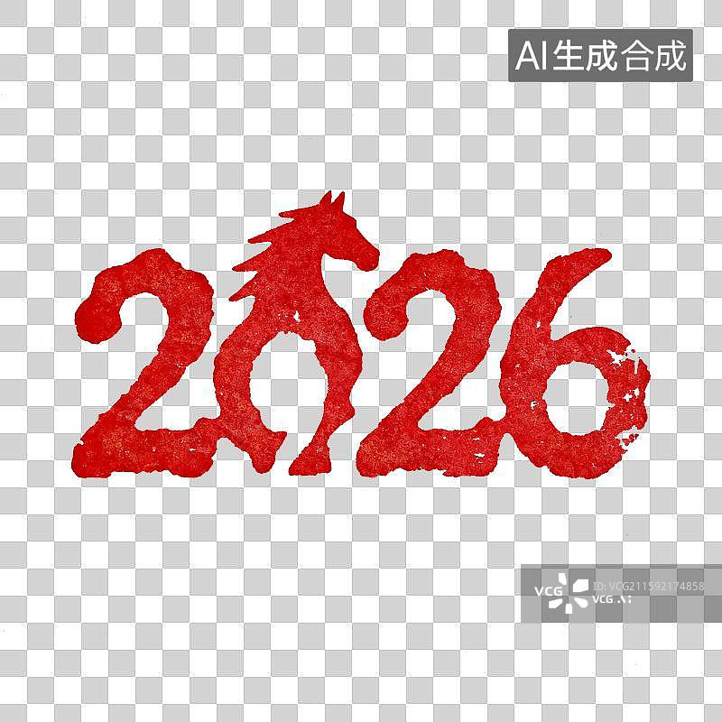 【AI数字艺术】红色不规则阴刻篆刻印章马造型的数字“2026”图片素材