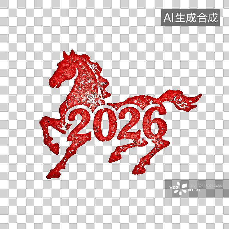 【AI数字艺术】红色不规则阴刻篆刻印章马造型的数字“2026”图片素材