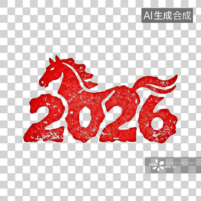 【AI数字艺术】红色不规则阴刻篆刻印章马造型的数字“2026”图片素材