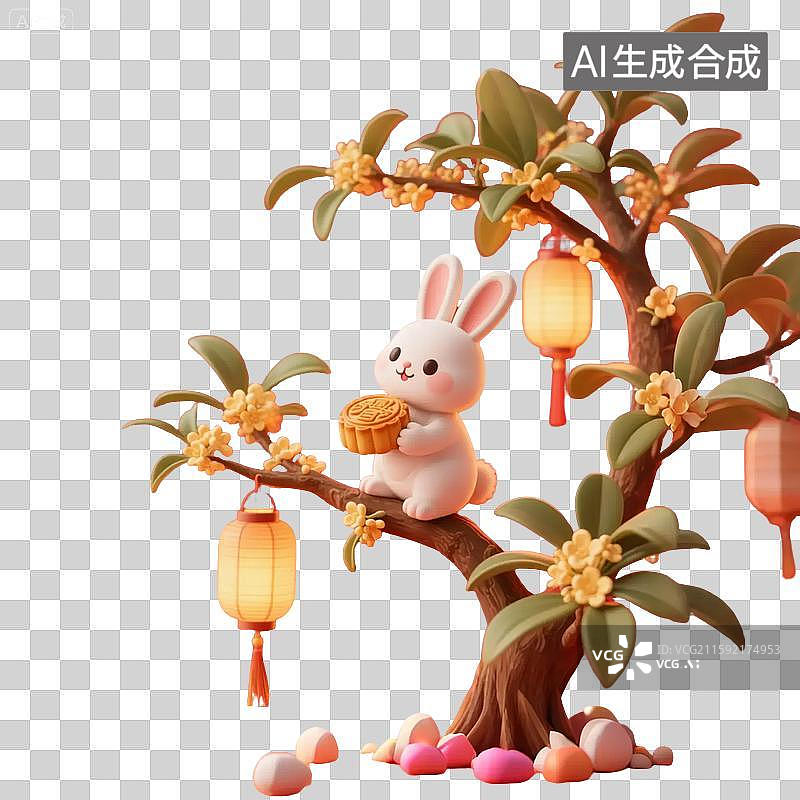【AI数字艺术】中秋节兔子灯笼月饼桂花树萌系免抠元素图片素材