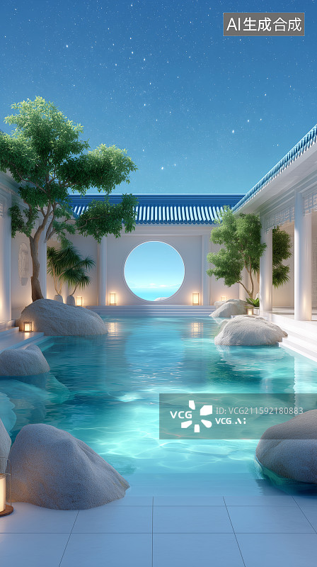 【AI数字艺术】月下静谧庭院图片素材