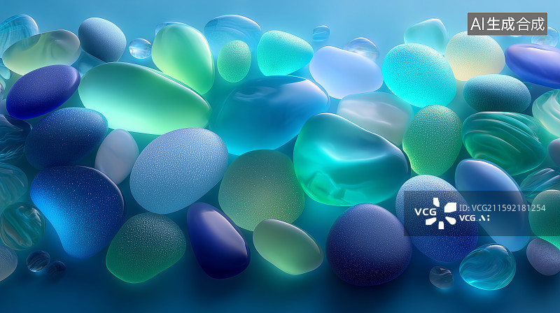 【AI数字艺术】多彩玻璃珠与贝壳的静谧组合图片素材