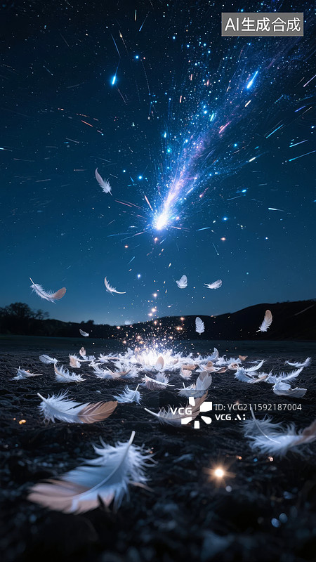 【AI数字艺术】夜空流星与飘落羽毛图片素材