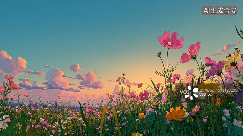 【AI数字艺术】美丽野花田彩色花朵粉色波斯菊黄色雏菊橙色万寿菊在温暖阳光油画壁纸装饰画梦幻宁静氛围创意设计背景图片素材