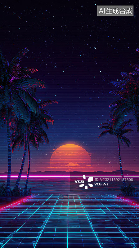 【AI数字艺术】复古未来主义霓虹网格背景配粉色蓝色数字美学特色棕榈树和发光星球合成波风格抽象空间背景创意设计项目图片素材