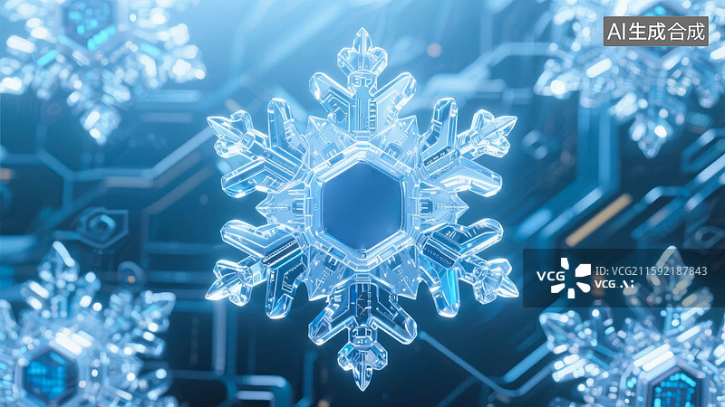 【AI数字艺术】科技风格的冰晶雪花图案图片素材