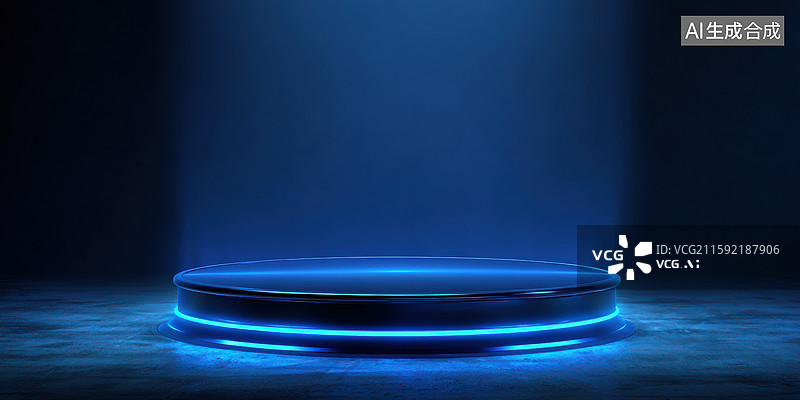 【AI数字艺术】未来主义高科技讲台发光蓝色霓虹灯靛蓝色背景现代圆形平台产品展示和商业广告设计图片素材