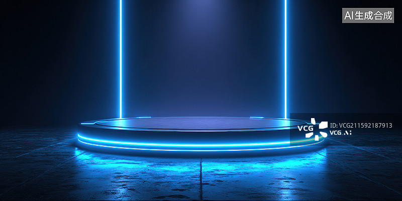 【AI数字艺术】未来主义高科技讲台发光蓝色霓虹灯靛蓝色背景现代圆形平台产品展示和商业广告设计图片素材
