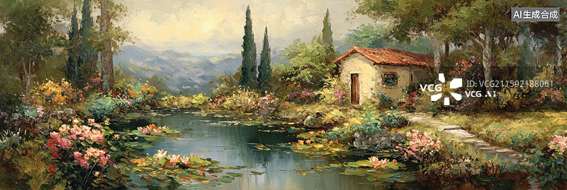 【AI数字艺术】奇幻插画油画风格的迷人莫奈的花园房屋和莲花池粉红玫瑰、茂密的树木和倒影水面营造梦幻书籍封面海报艺术图片素材