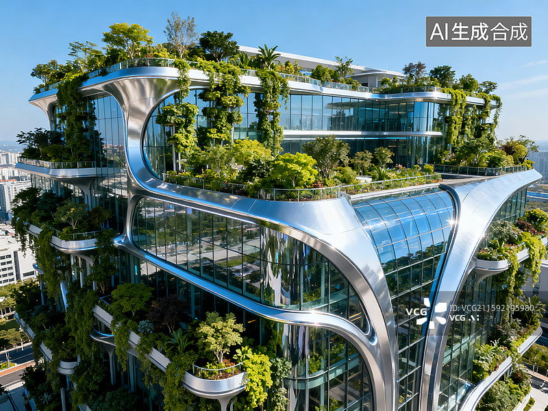 【AI数字艺术】未来生态建筑：科技与自然融合的绿色摩天楼图片素材