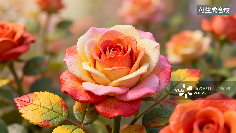 【AI数字艺术】渐变色彩玫瑰：温暖色调的花卉特写图片素材