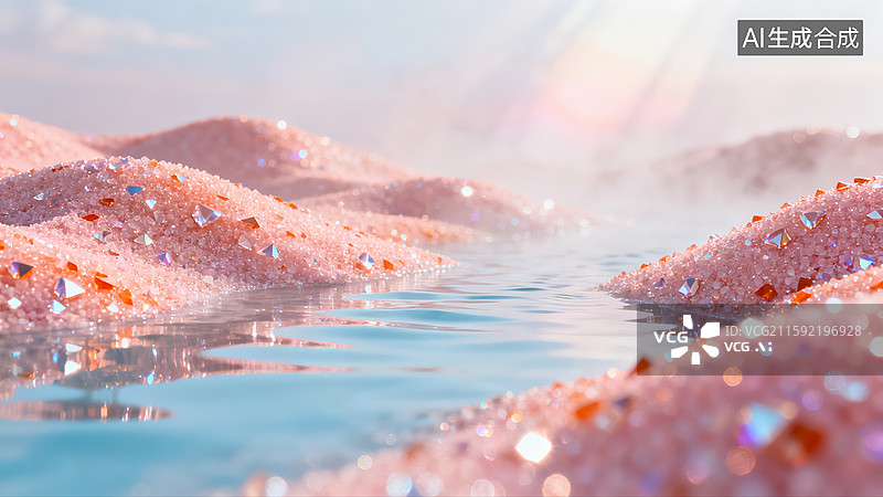【AI数字艺术】梦幻粉晶盐滩：晶亮水域的治愈自然奇景图片素材