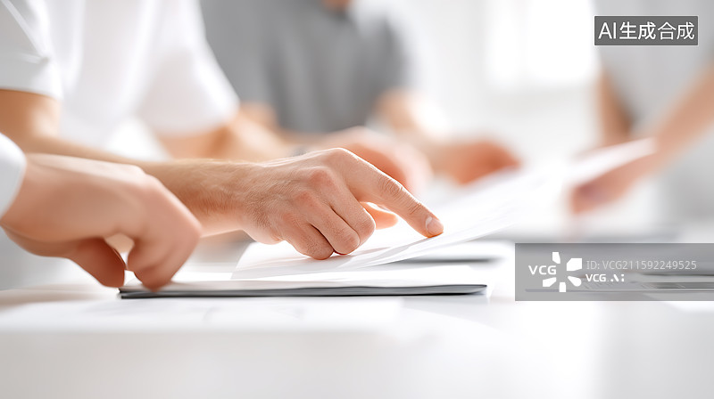 【AI数字艺术】明亮的办公室内团队讨论合作场景特写图片素材