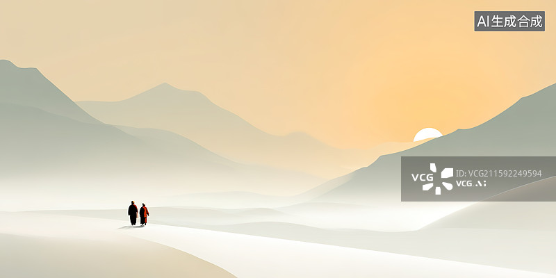 【AI数字艺术】极简风老年夫妻相互搀扶行走在黄昏夕阳风景中插画——重阳节主题插画图片素材