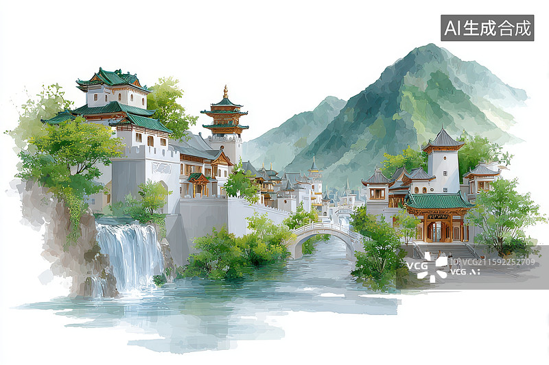 【AI数字艺术】水乡建筑山水融合风景画卷图图片素材