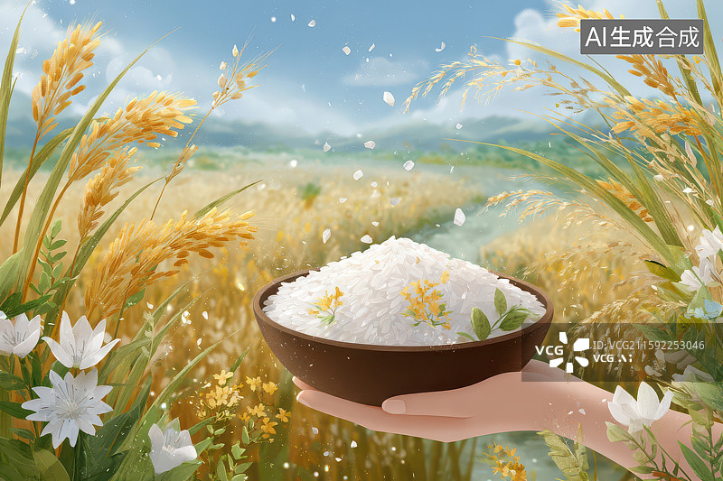 【AI数字艺术】田野白米饭碗自然乡村生活图图片素材