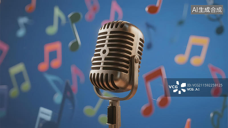 【AI数字艺术】复古麦克风与彩色音符背景图片素材