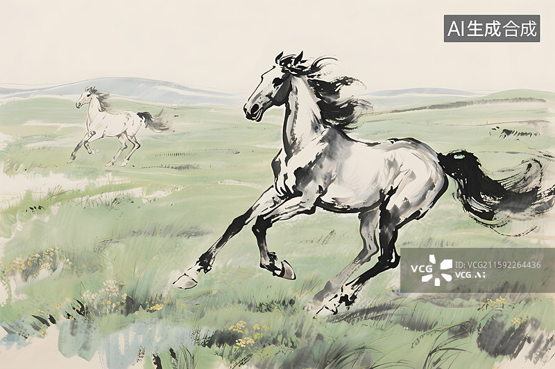 【AI数字艺术】水墨插画背景草原奔马图片素材