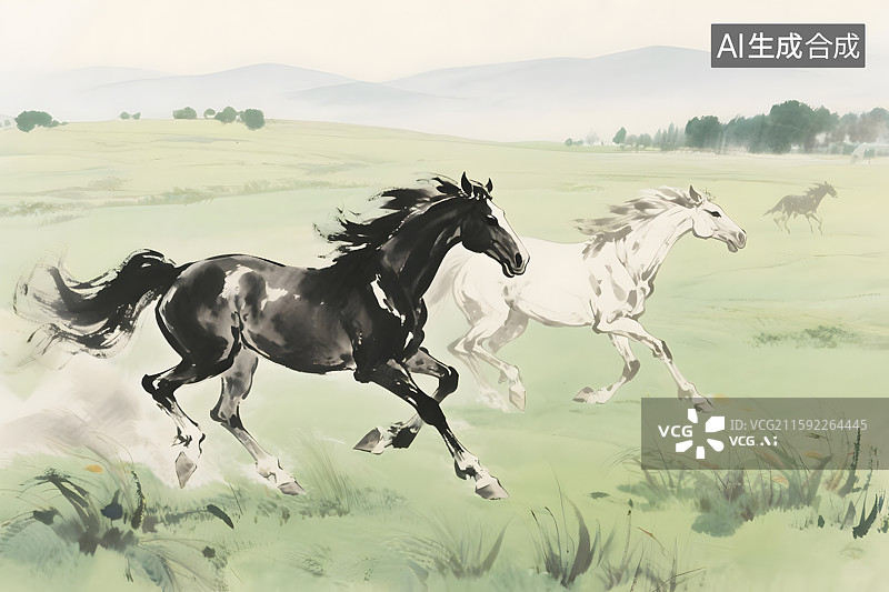 【AI数字艺术】水墨插画背景草原奔马图片素材