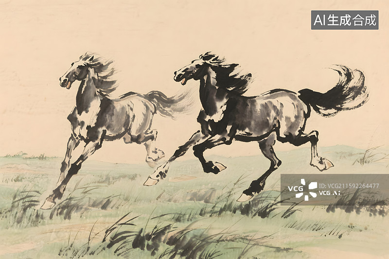 【AI数字艺术】水墨插画背景草原奔马图片素材