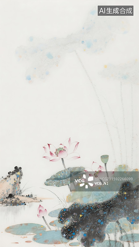 【AI数字艺术】水墨风荷塘插画图片素材