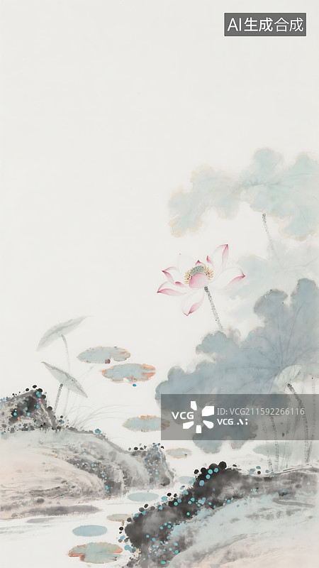 【AI数字艺术】水墨风荷塘插画图片素材