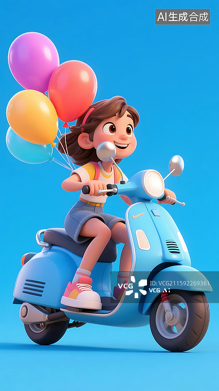 【AI数字艺术】女孩骑蓝色踏板车带彩色气球图片素材
