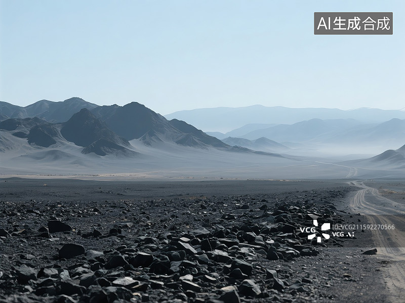 【AI数字艺术】戈壁景观,碎石遍布,荒野土路,蜿蜒,远处山脉,山峰,晴朗蓝天,蓬松白云,广阔荒凉,自然场景图片素材