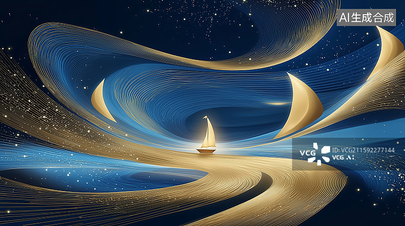 【AI数字艺术】金色的帆船在海洋行驶图片素材