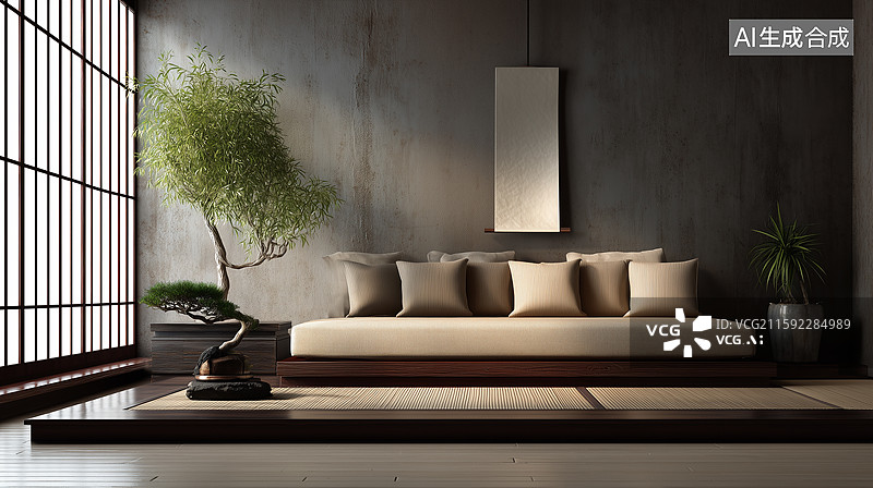 【AI数字艺术】禅意现代客厅设计图片素材