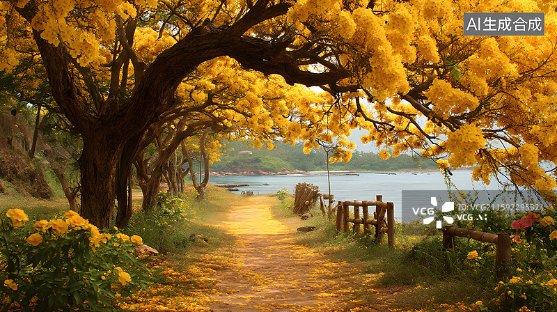 【AI数字艺术】黄花树下的小径图片素材