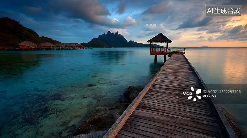 【AI数字艺术】海滨木栈道与水上屋图片素材