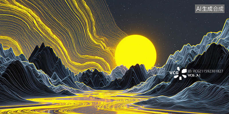 【AI数字艺术】超现实地平线金色的太阳霞光万丈3D音乐专辑封面插画图片素材