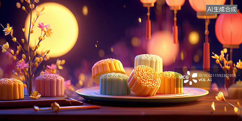 【AI数字艺术】中秋赏月国风有灯笼中式家居盘中的月饼3D立体插画图片素材