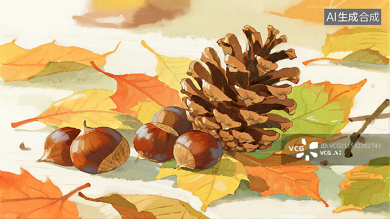 【AI数字艺术】秋天立秋十月落叶松果板栗坚果捡秋背景壁纸图片素材