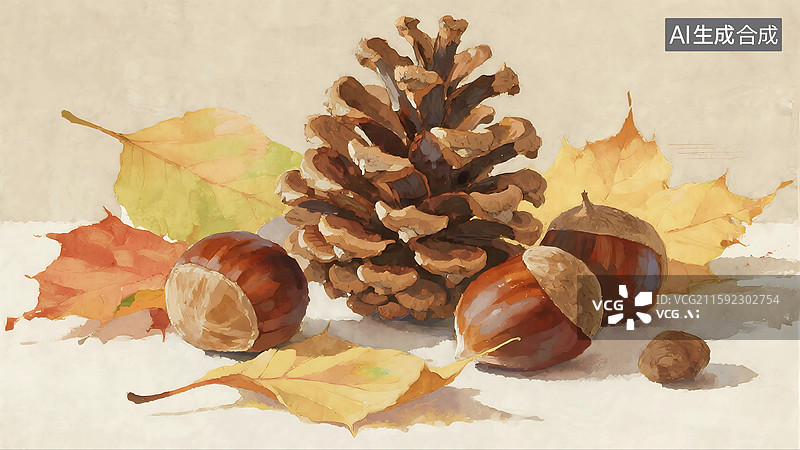 【AI数字艺术】秋天立秋十月落叶松果板栗坚果捡秋背景壁纸图片素材