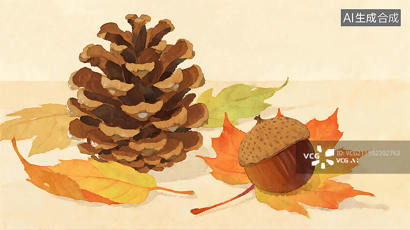 【AI数字艺术】秋天立秋十月落叶松果板栗坚果捡秋背景壁纸图片素材