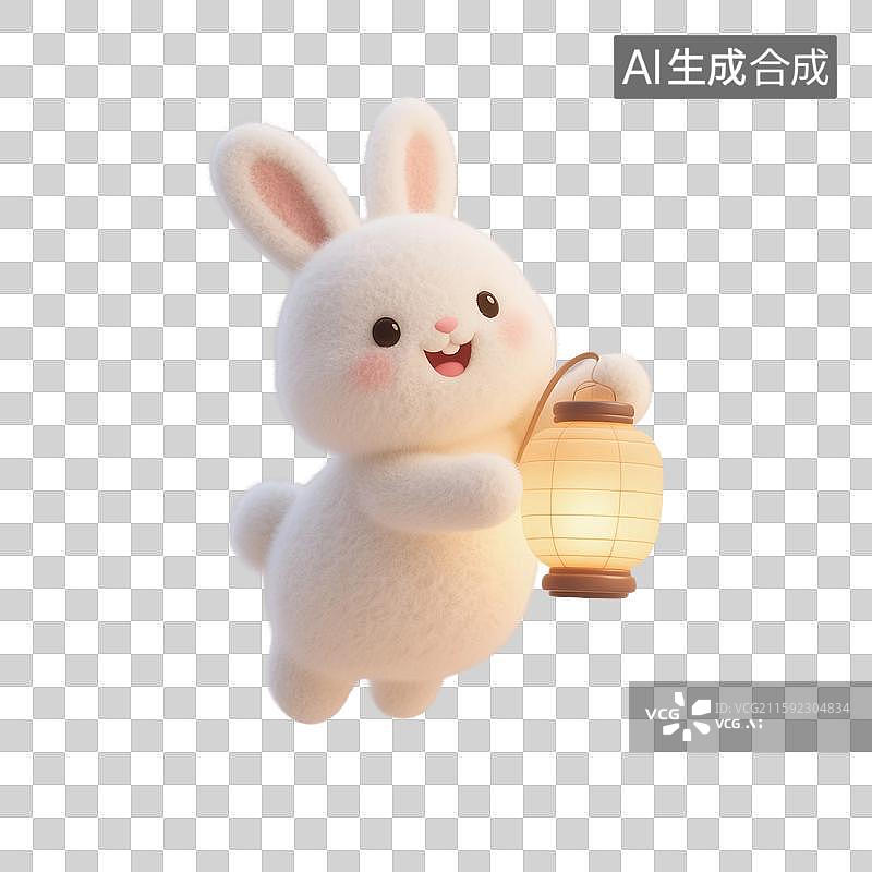 【AI数字艺术】3D渲染，拿着黄色灯笼的可爱卡通小兔子，白兔，玉兔，中秋节，八月十五免抠元素图片素材