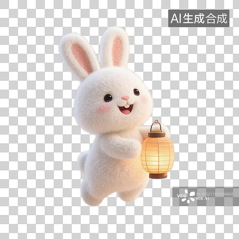 【AI数字艺术】3D渲染，拿着黄色灯笼的可爱卡通小兔子，白兔，玉兔，中秋节，八月十五免抠元素图片素材