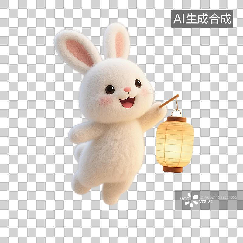 【AI数字艺术】3D渲染，拿着黄色灯笼的可爱卡通小兔子，白兔，玉兔，中秋节，八月十五免抠元素图片素材