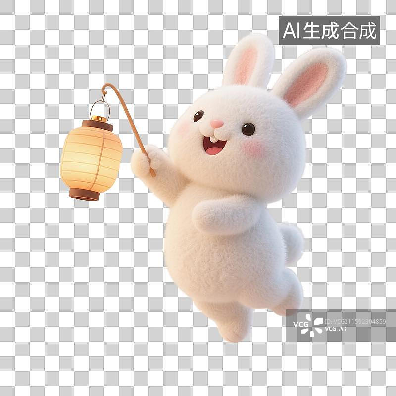 【AI数字艺术】3D渲染，拿着黄色灯笼的可爱卡通小兔子，白兔，玉兔，中秋节，八月十五免抠元素图片素材