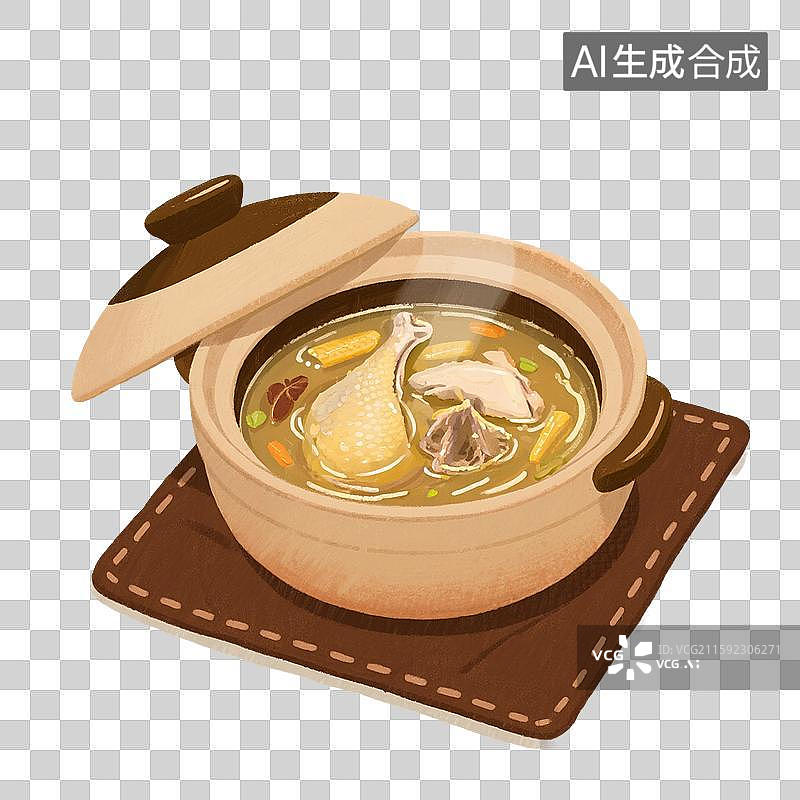 【AI数字艺术】手绘插画，家常菜，一锅鸡汤，免抠元素图片素材
