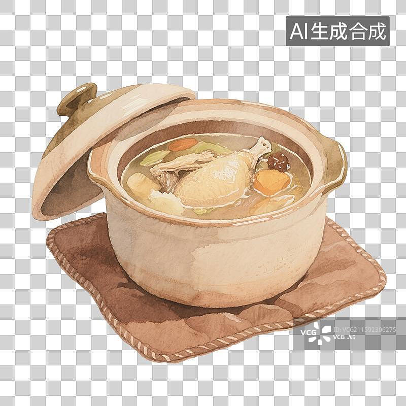【AI数字艺术】手绘插画，家常菜，一锅鸡汤，免抠元素图片素材