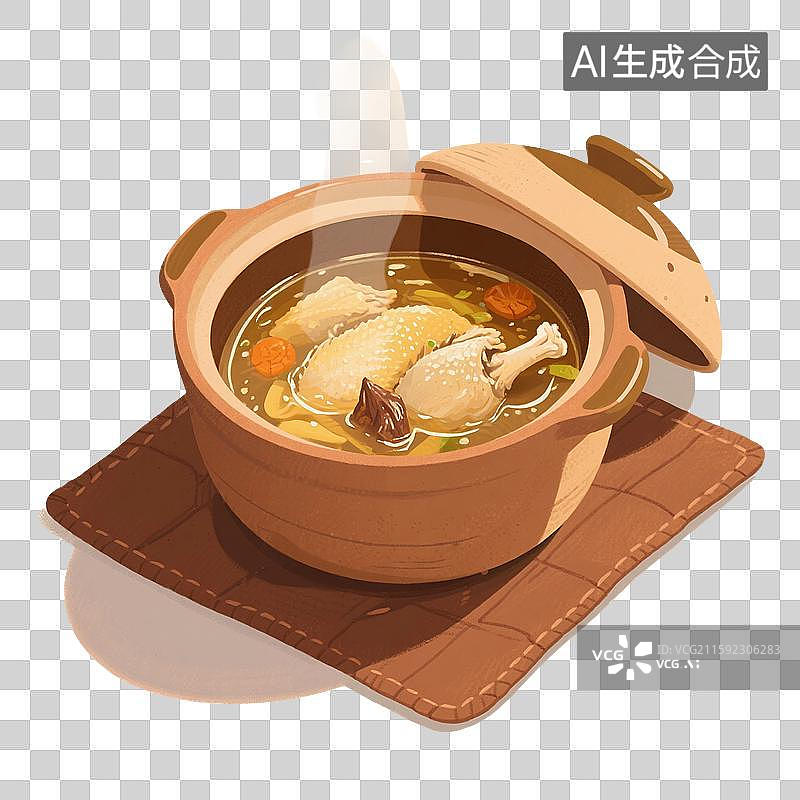 【AI数字艺术】手绘插画，家常菜，一锅鸡汤，免抠元素图片素材