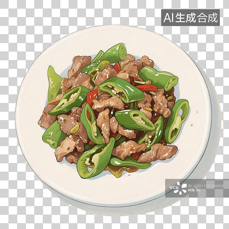 【AI数字艺术】手绘插画，家常菜，下饭菜，青椒炒肉，青椒炒肉片，青椒，猪肉，炒菜，免抠元素图片素材
