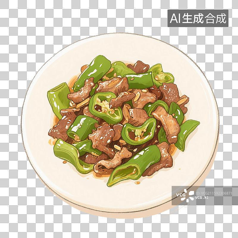 【AI数字艺术】手绘插画，家常菜，下饭菜，青椒炒肉，青椒炒肉片，青椒，猪肉，炒菜，免抠元素图片素材