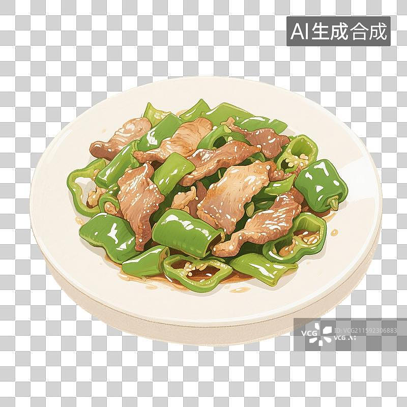 【AI数字艺术】手绘插画，家常菜，下饭菜，青椒炒肉，青椒炒肉片，青椒，猪肉，炒菜，免抠元素图片素材